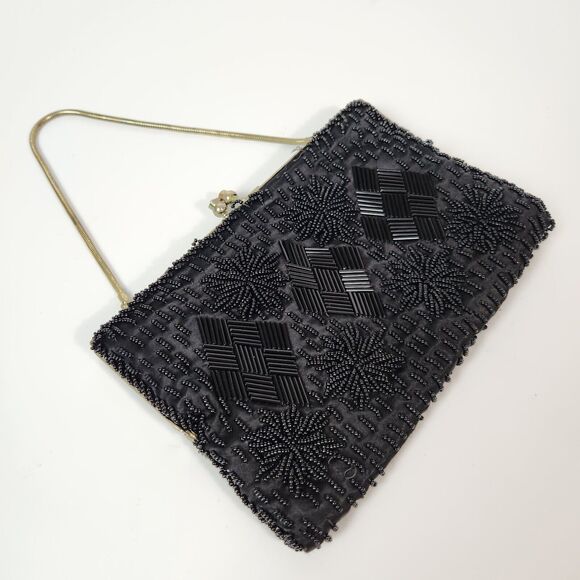 VTG Black Small Beaded Purse Womens Handbag 1920s Flapper Gir Made In‎ Hong Kong - Picture 11 of 16